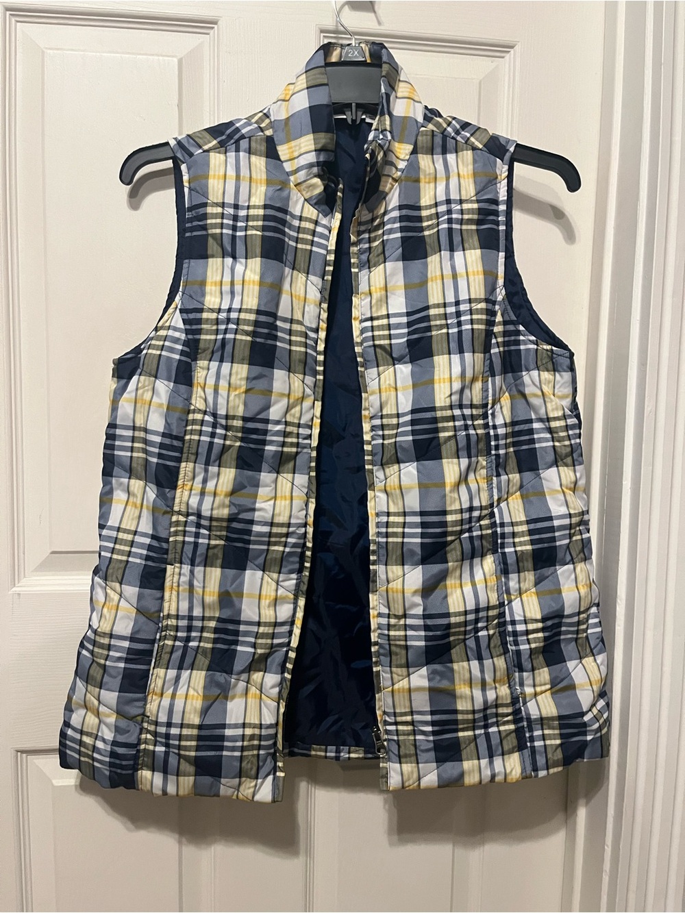 Kim Rogers Navy Blue White and Yellow Plaid Quilted Vest